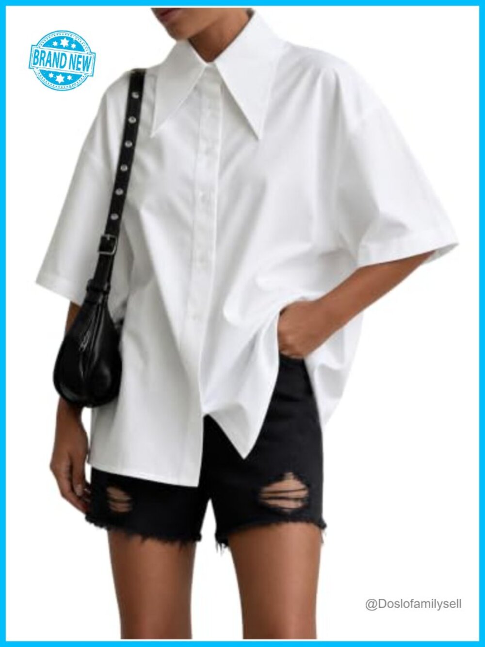 Women's Oversize Button Down Short Sleeve Blouse Work Shirt Top